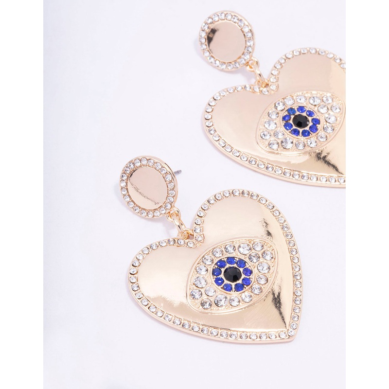 Gold Heart Diamante Eye Drop Earrings