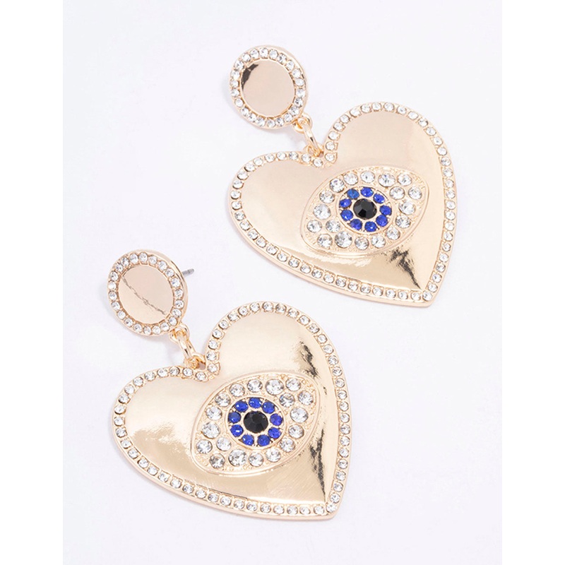 Gold Heart Diamante Eye Drop Earrings