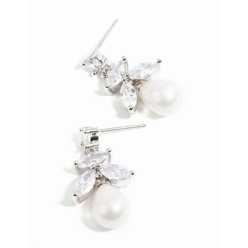 Silver Cubic Zirconia Leaf & Pearl Drop Earrings