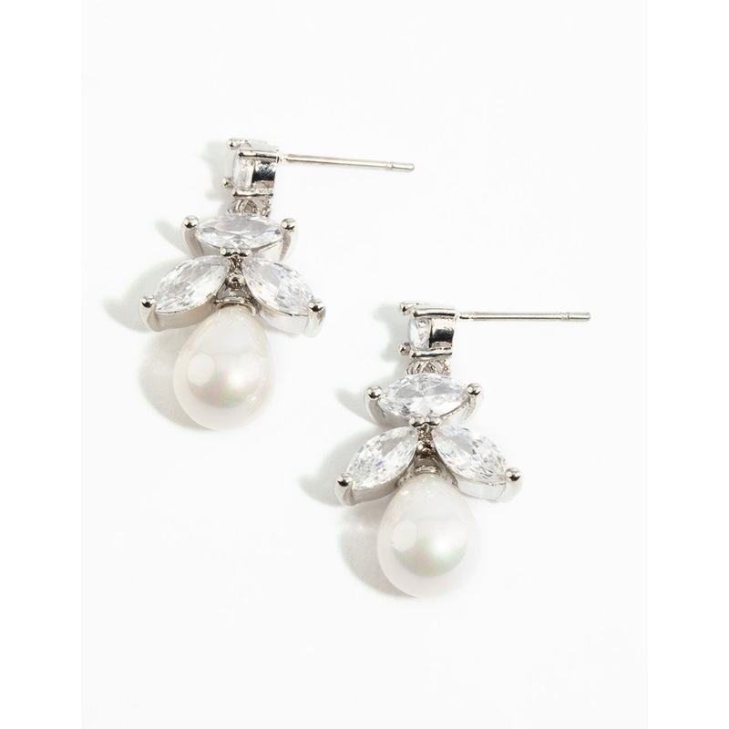 Silver Cubic Zirconia Leaf & Pearl Drop Earrings