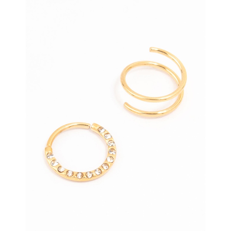 Gold Plated Cubic Zirconia And Spiral Nose 2-Pack