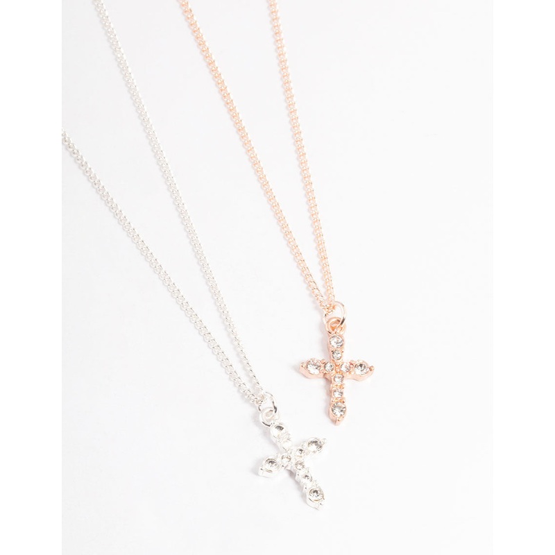 Mixed Metal Classic Diamante Cross Necklace Pack