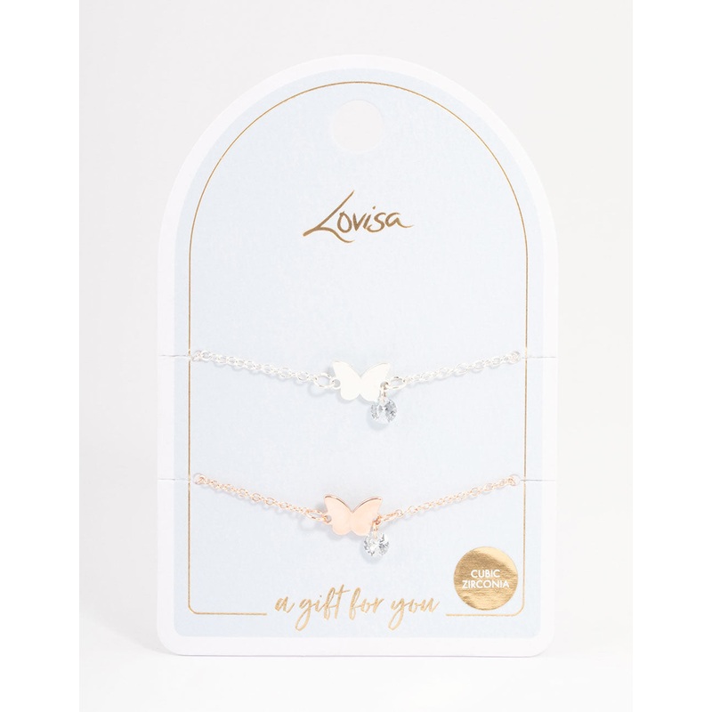 Mixed Metal Cubic Zirconia Butterfly Bracelet Pack