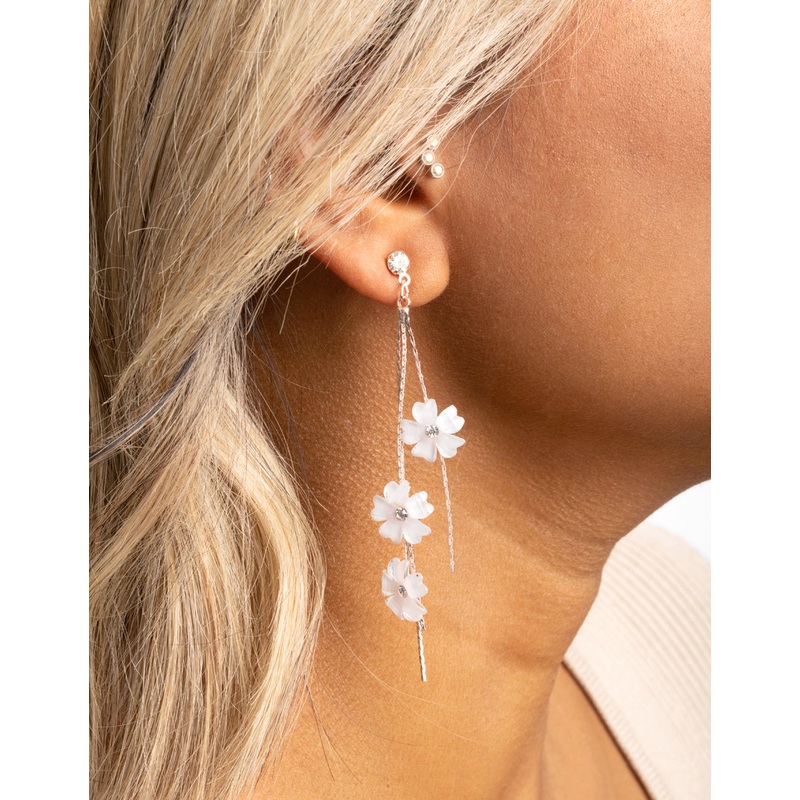 Rose Gold White Flower Drop Earrings