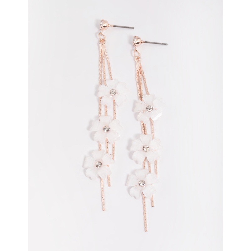 Rose Gold White Flower Drop Earrings