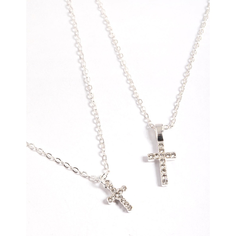 Silver Diamante Cross Layered Necklace