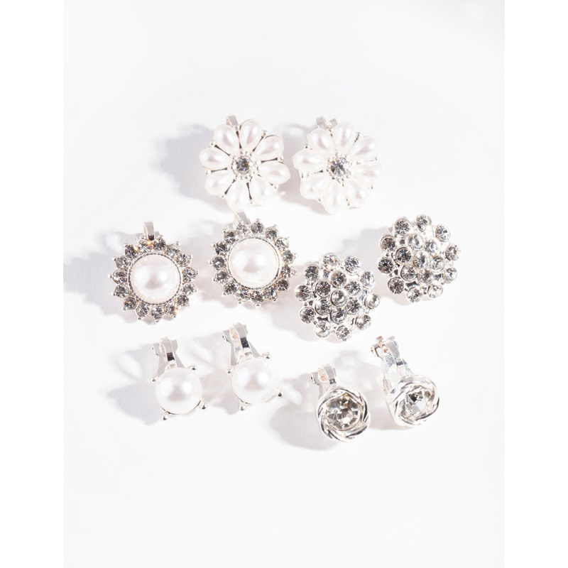Silver Pearl Flower Clip-On Earring 5-Pack