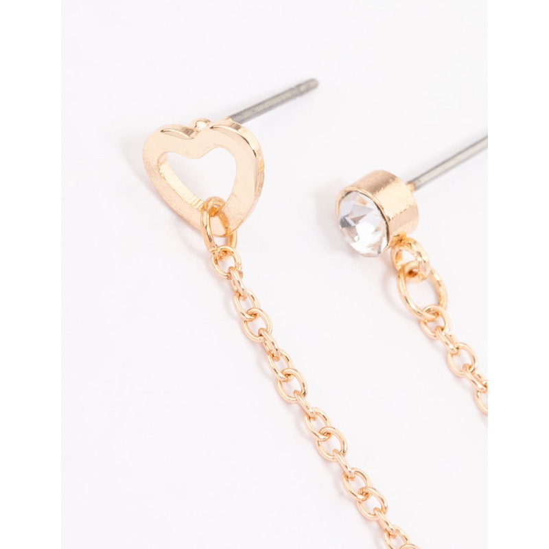 Gold Diamante & Heart Chain Earrings