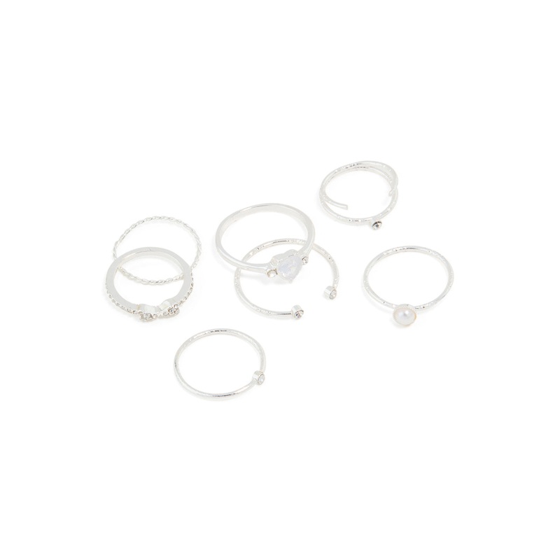 Silver Dainty Diamante & Pearl Ring Pack