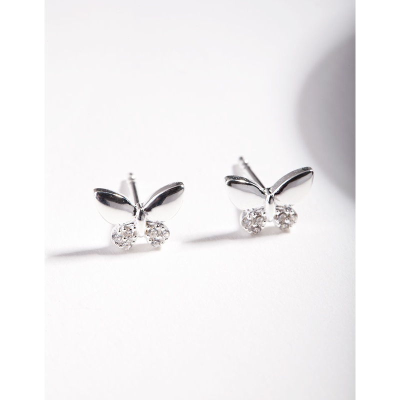 Sterling Silver Pave Butterfly Stud Earrings