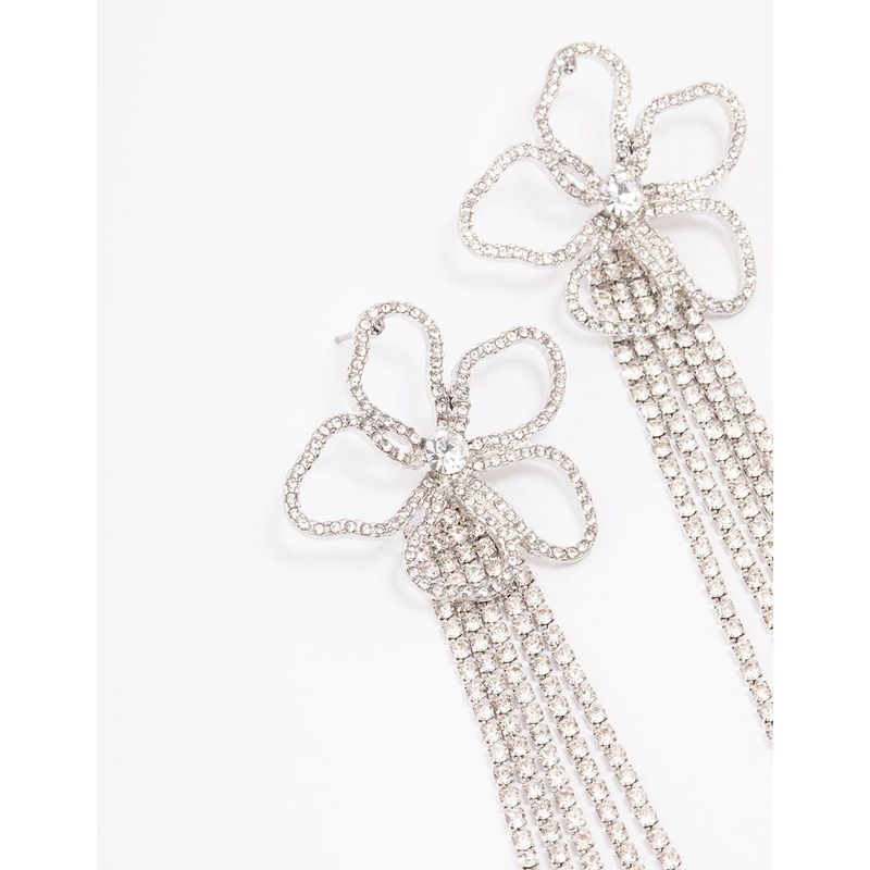 Silver Diamante Flower  Cup Chain Drop Earrings