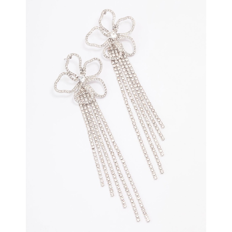 Silver Diamante Flower  Cup Chain Drop Earrings