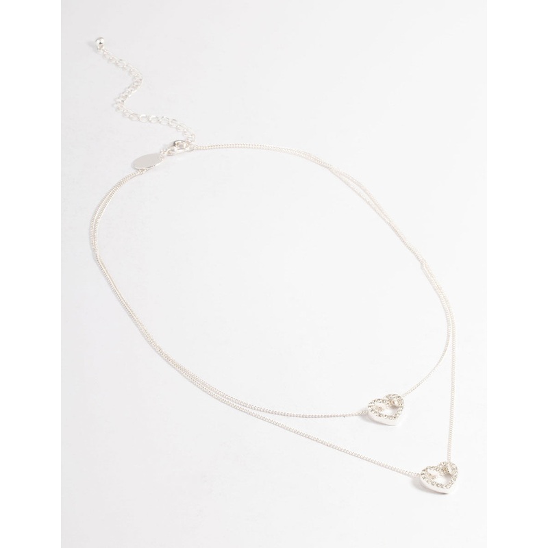 Silver Double Diamante Open Heart Necklace