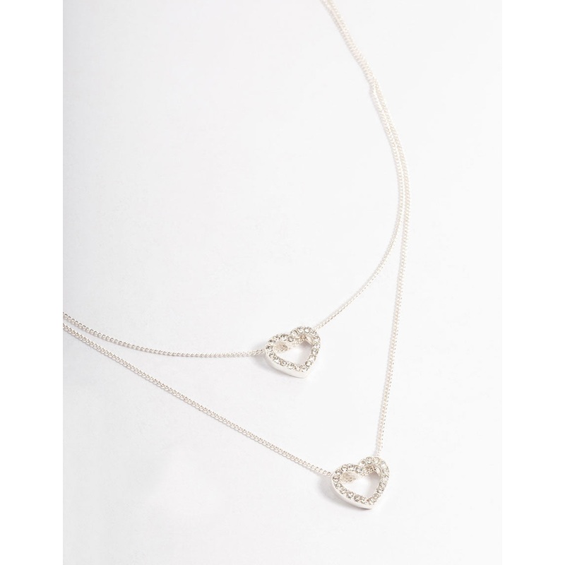 Silver Double Diamante Open Heart Necklace