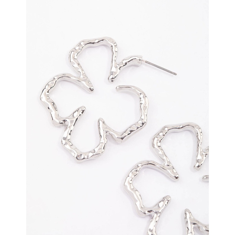 Silver Large Hammered Flower Hoop Earrings