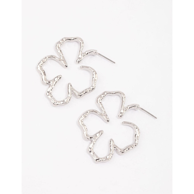 Silver Large Hammered Flower Hoop Earrings