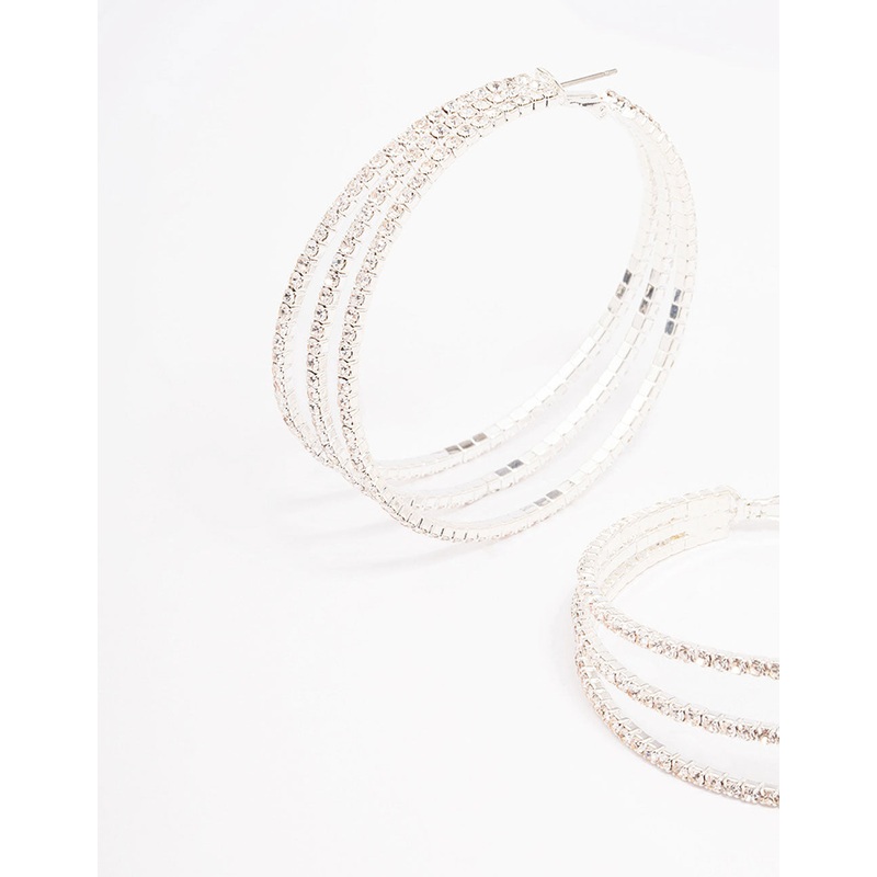 Silver Medium Triple Row Diamante Hoop Earrings