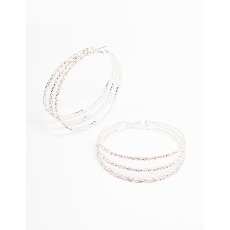 Silver Medium Triple Row Diamante Hoop Earrings