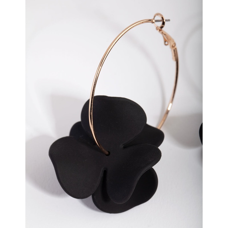 Gold Black Pearlised Flower Hoop Earrings