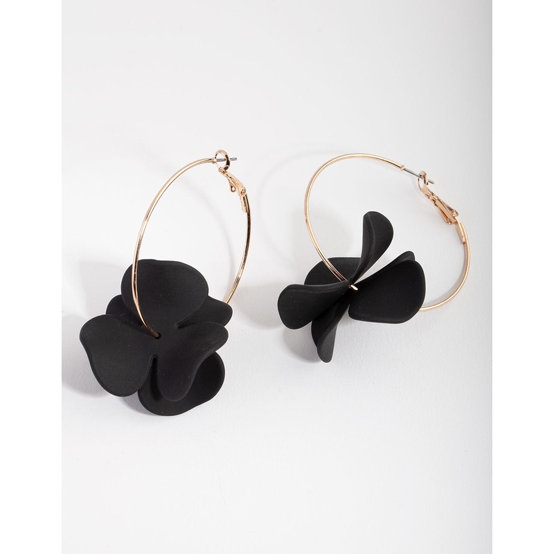 Gold Black Pearlised Flower Hoop Earrings