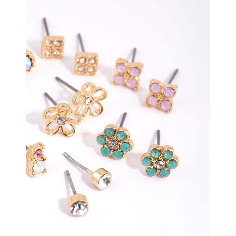 Gold Flower & Diamante Stud Earring Pack
