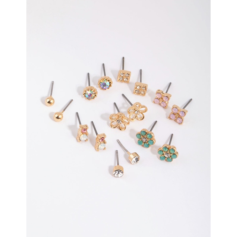 Gold Flower & Diamante Stud Earring Pack