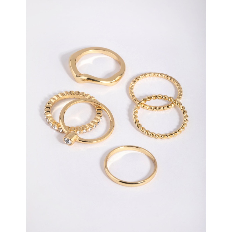 Gold Plated Molten Diamante Ring 6-Pack