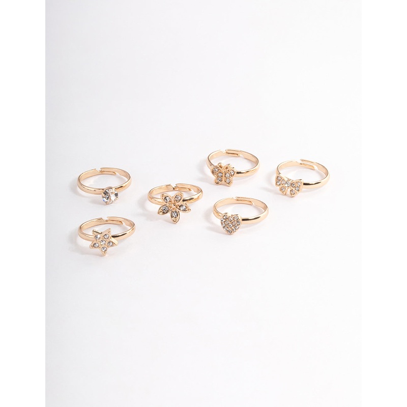 Kids Diamante Flower & Bow Ring 6-Pack