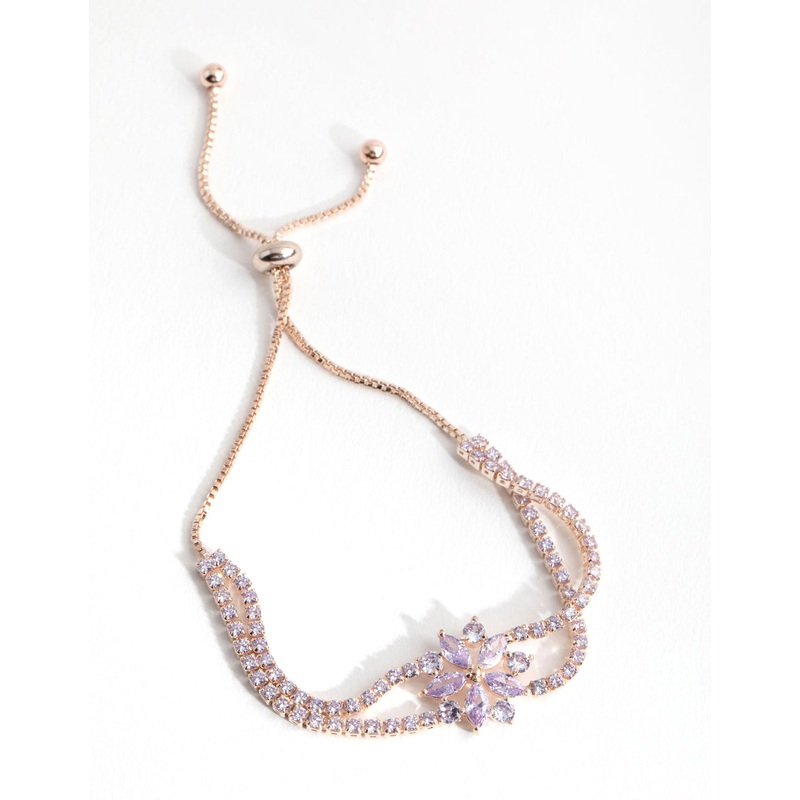 Rose Gold Cubic Zirconia Cupchain Flower Toggle Bracelet