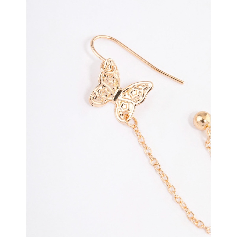 Gold Butterfly Drop Chain Earrings