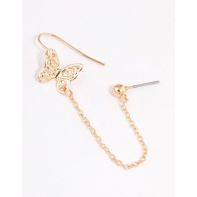 Gold Butterfly Drop Chain Earrings