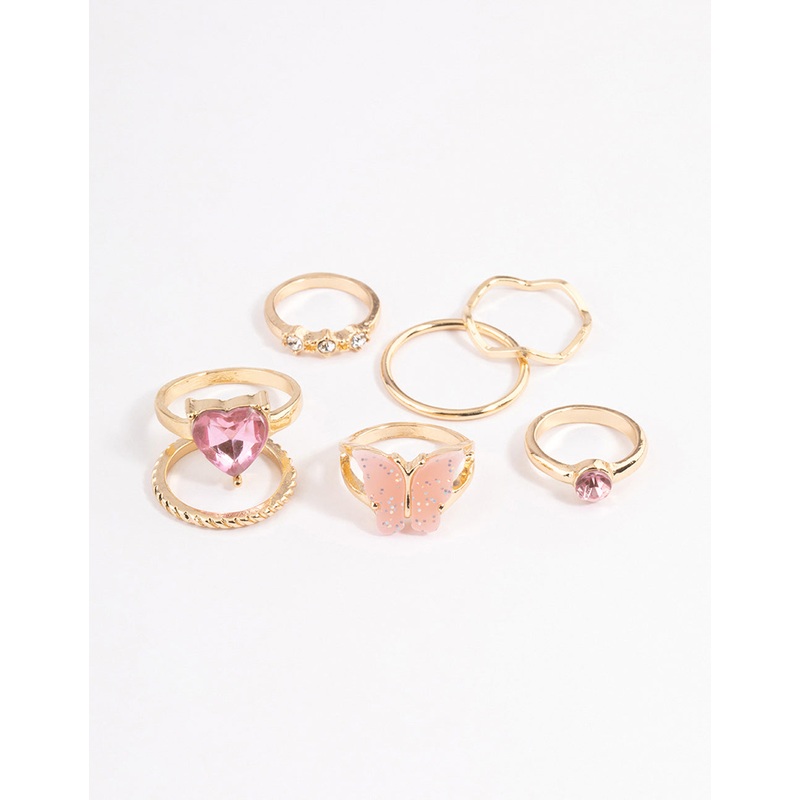 Gold Heart & Butterfly Ring 7-Pack