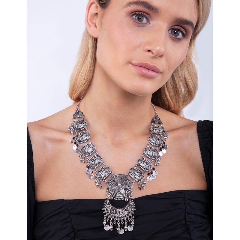 Gunmetal Bohemian Bead Drop Necklace