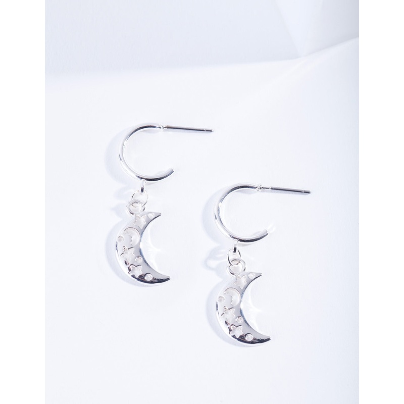 Silver Cut-Out Moon Hoop Earrings