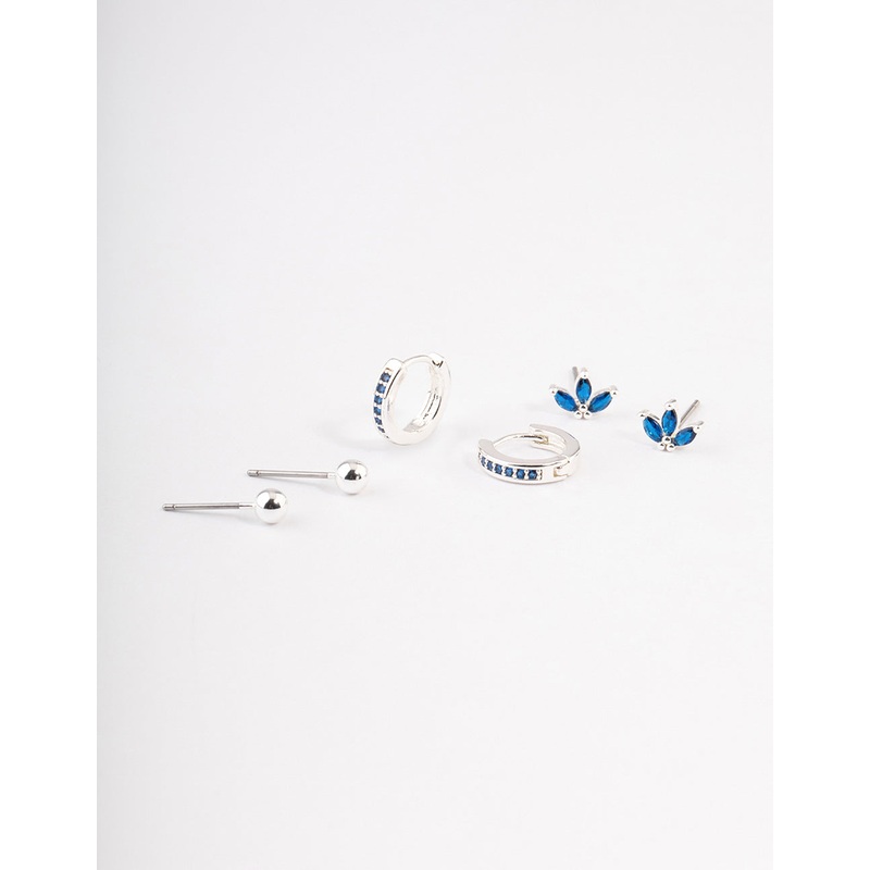 Silver Plated Brass  Cubic Zirconia Marquise Stud & Huggie Earrings Pack