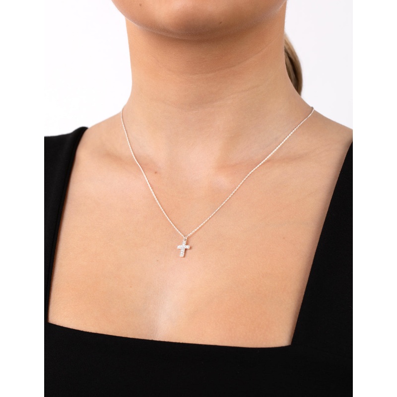 Sterling Silver Cubic Zirconia Pav Cross Necklace