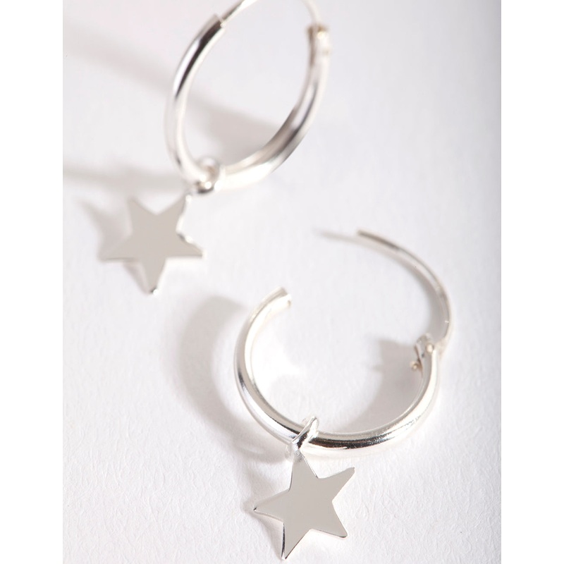Sterling Silver Plain Star Dangle Hoop Earrings