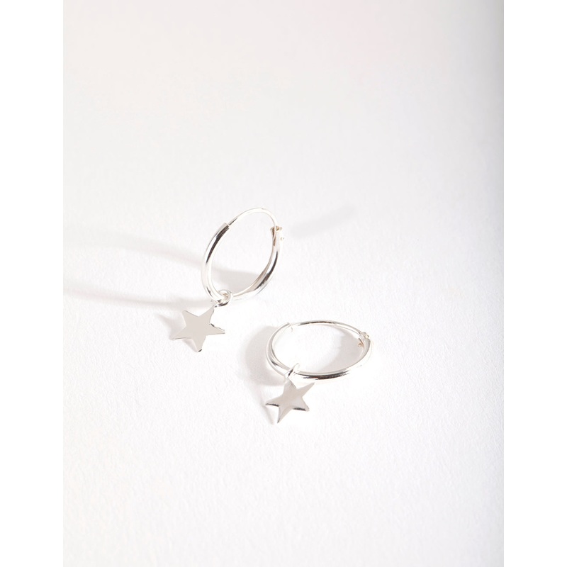 Sterling Silver Plain Star Dangle Hoop Earrings