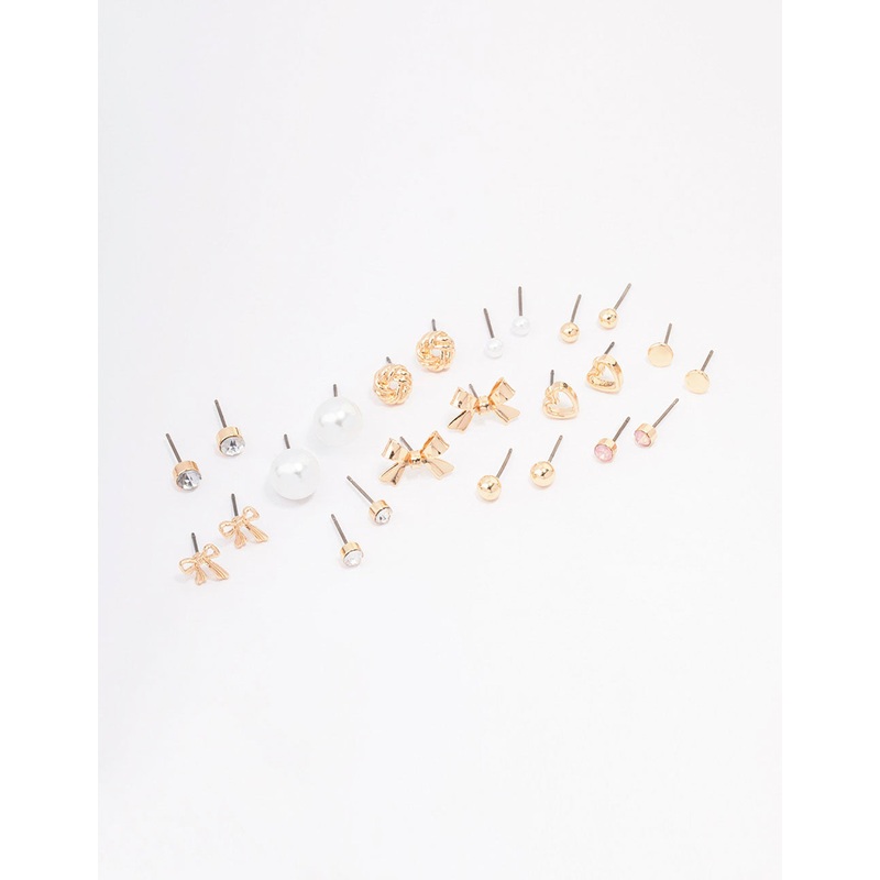 Gold Bow Pearl & Heart Earring 12-Pack