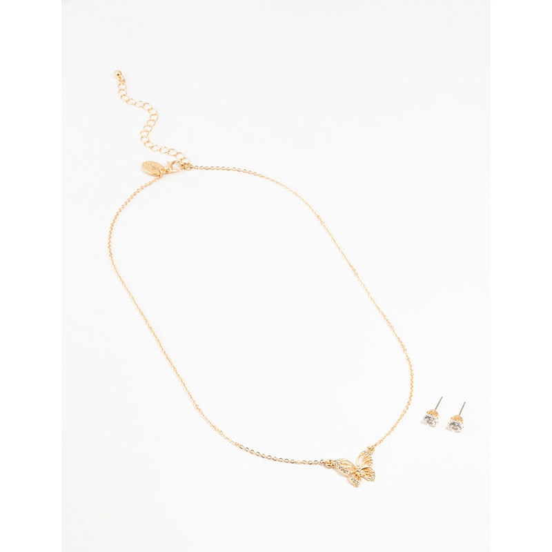 Gold Cubic Zirconia Butterfly Necklace & Stud Earrings Set