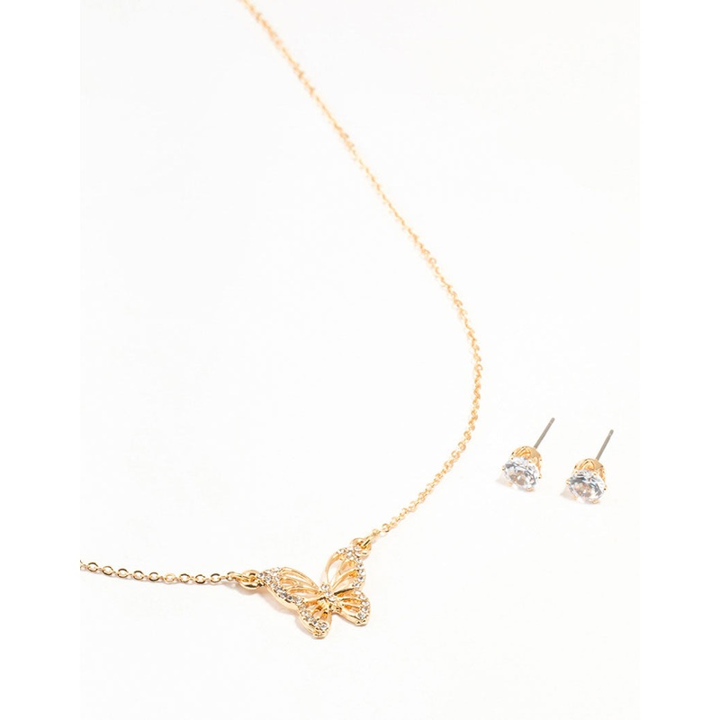 Gold Cubic Zirconia Butterfly Necklace & Stud Earrings Set