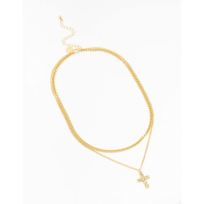 Gold Plated Diamante Cross Layered Cross Pendant Necklace
