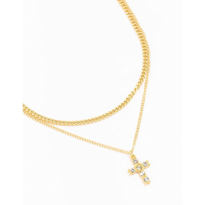 Gold Plated Diamante Cross Layered Cross Pendant Necklace