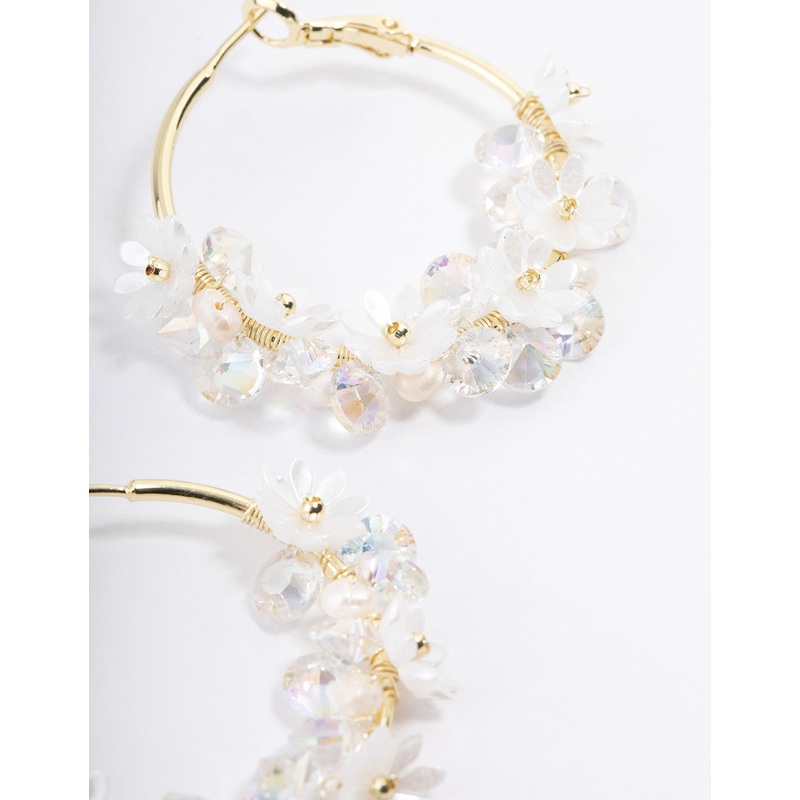 Gold Plated Freshwater Pearl Diamante Flower Hoop Earrings