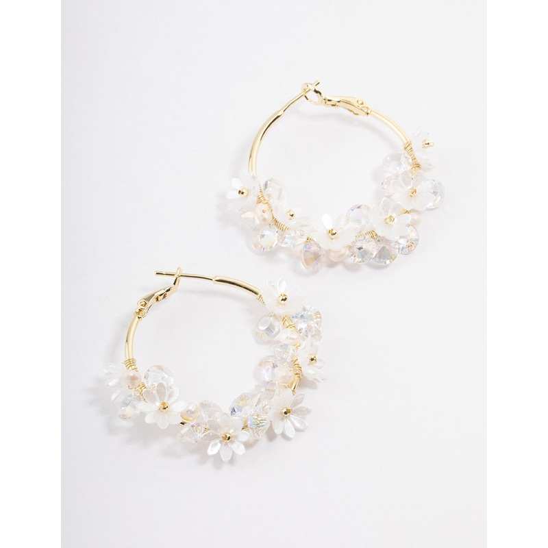 Gold Plated Freshwater Pearl Diamante Flower Hoop Earrings