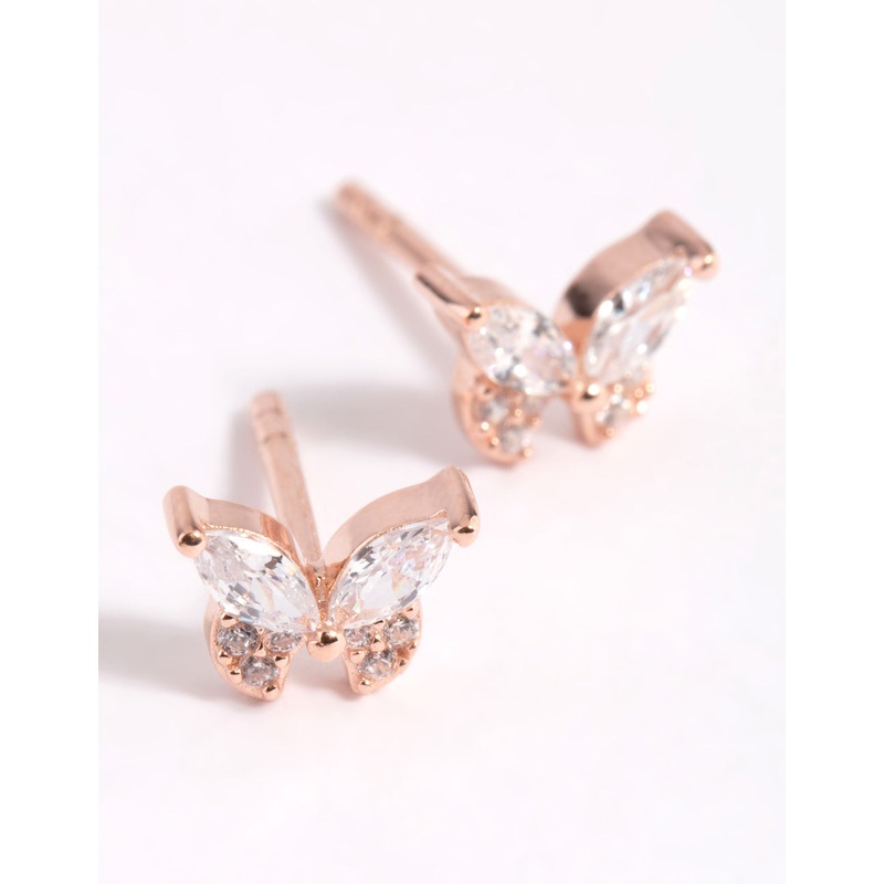 Rose Gold Plated Sterling Silver Cubic Zirconia Butterfly Stud Earrings