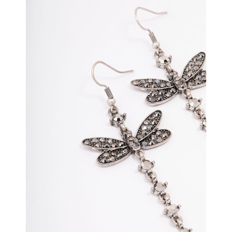 Antique Silver Dragonfly Drop Earrings