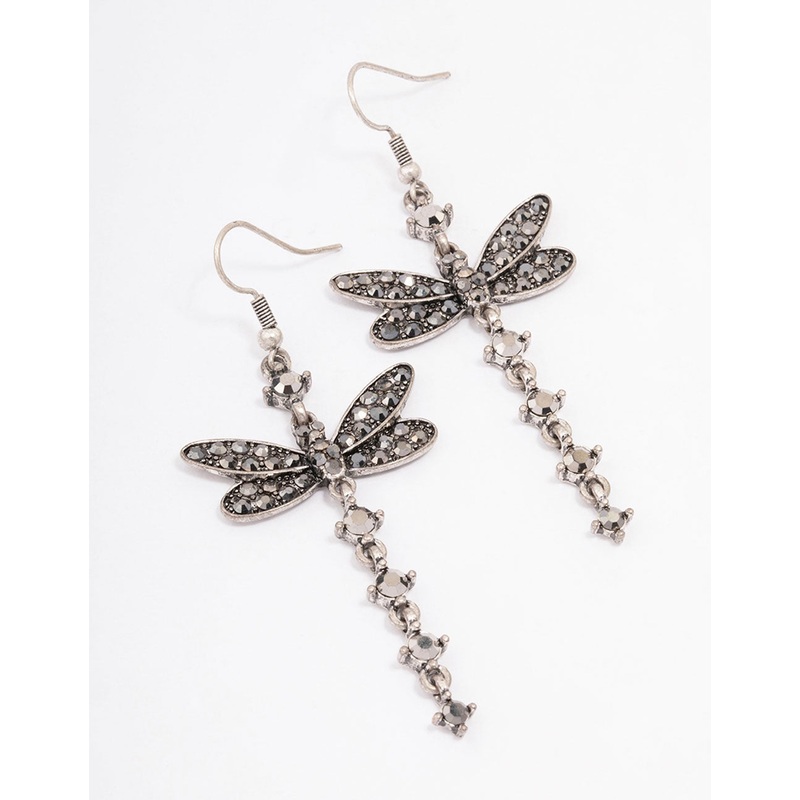 Antique Silver Dragonfly Drop Earrings