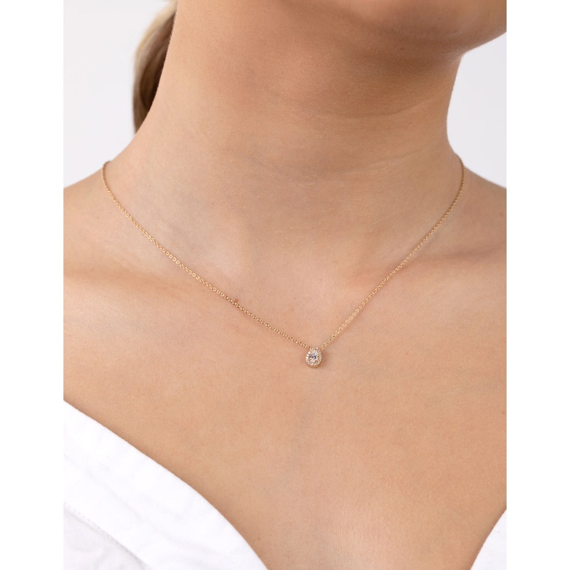 Gold Plated Sterling Silver Cubic Zirconia Pear Halo Necklace