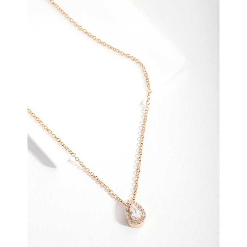 Gold Plated Sterling Silver Cubic Zirconia Pear Halo Necklace